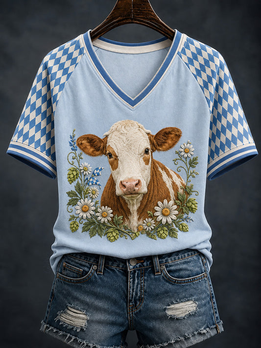 Damen-Floral-Cottagecore-Kuhmuster-Kurzarm-T-Shirt