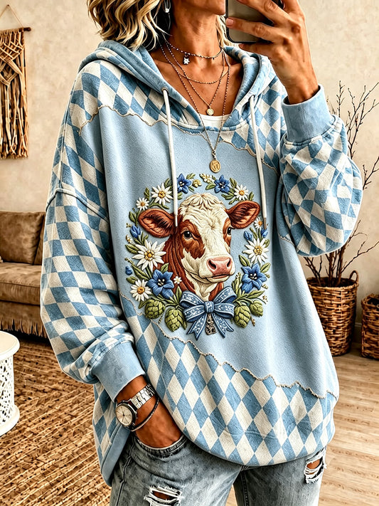 Damen-Sweatshirt im Cottagecore-Stil mit Blumen- und Kuhmuster