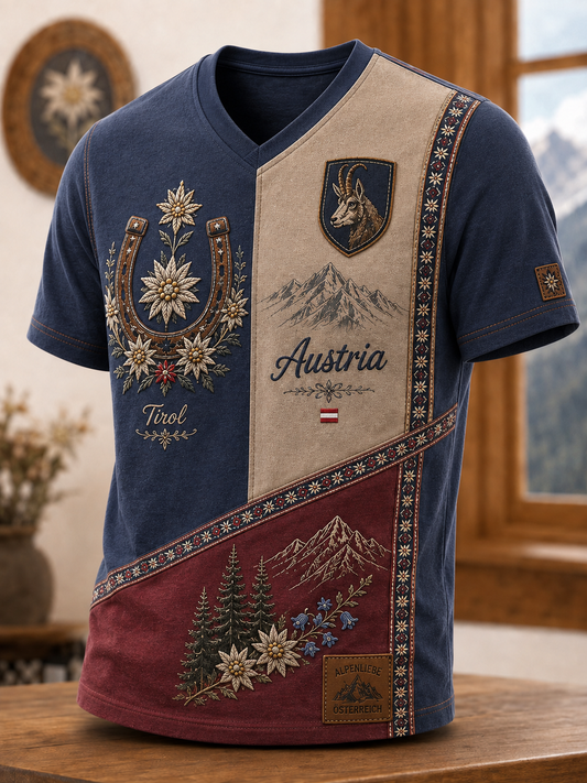 Herren-T-Shirt mit V-Ausschnitt im österreichischen Landhausstil