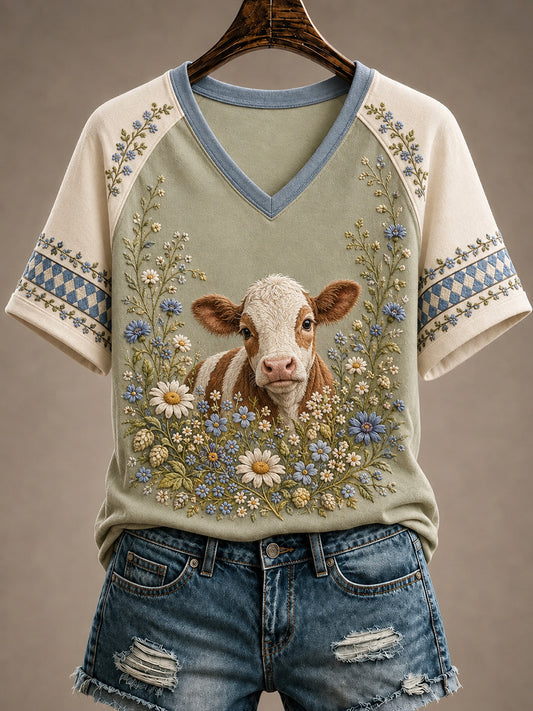 Damen-Floral-Cottagecore-Kuhmuster-Kurzarm-T-Shirt