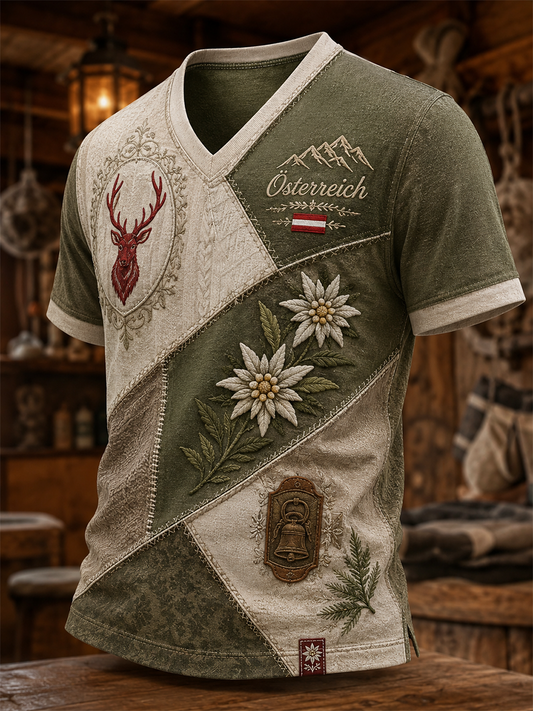 Herren-T-Shirt mit V-Ausschnitt im österreichischen Landhausstil