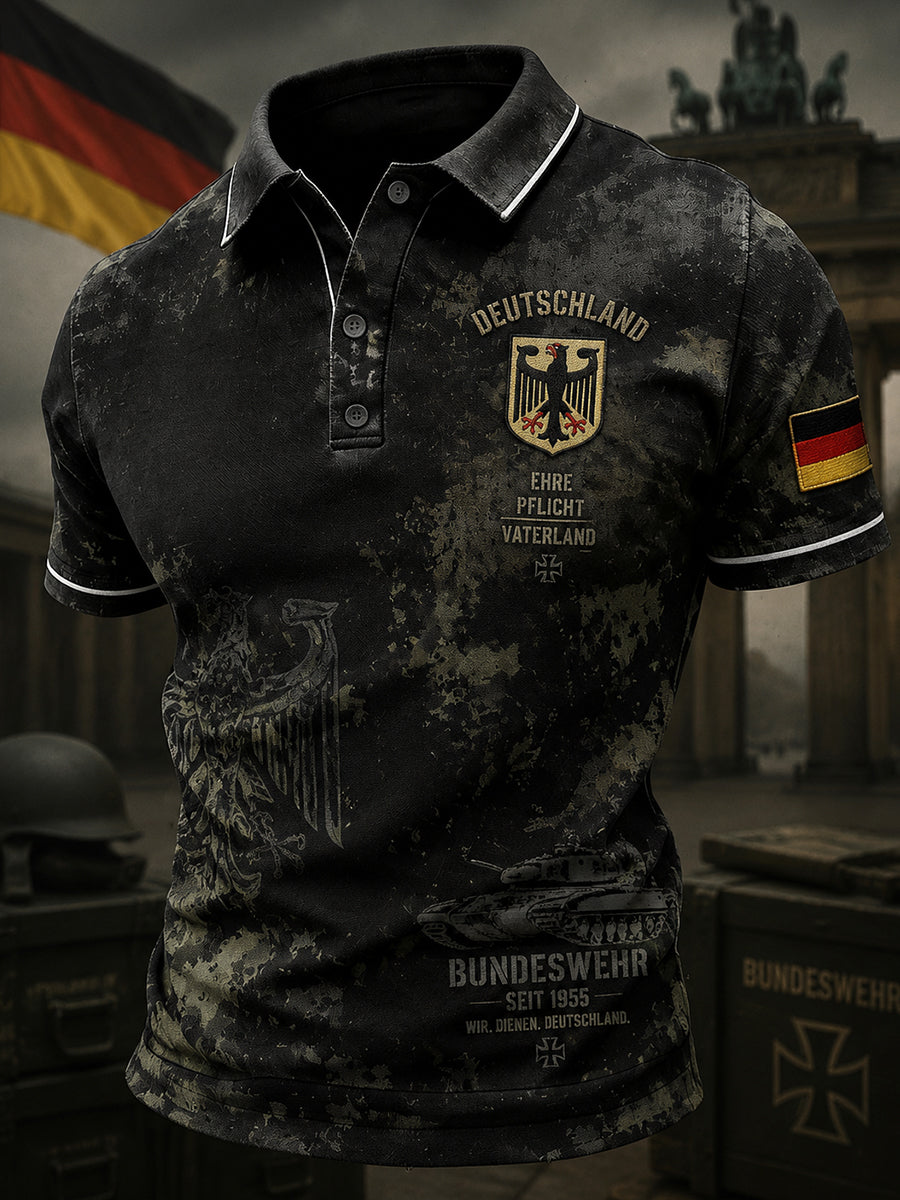 Herren-Poloshirt mit kurzen Ärmeln und vintage Militär-Print
