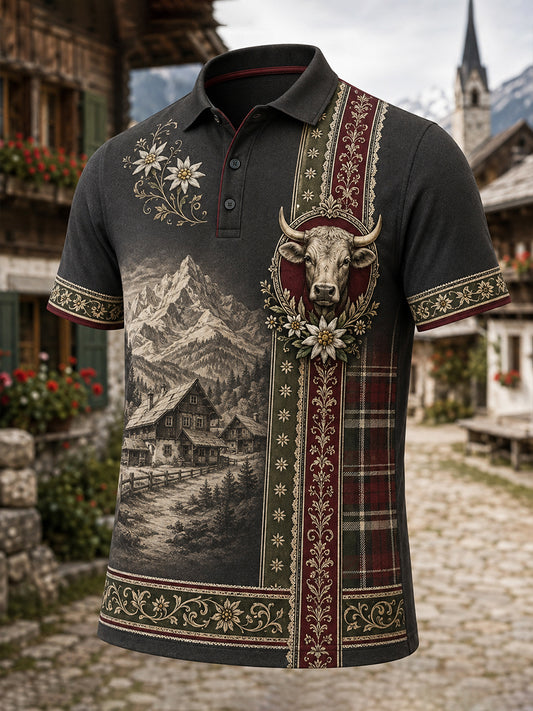 Herren-Polo mit kulturellen Elementen Österreichs, kunstvoller Motivdruck, lässiger Stil