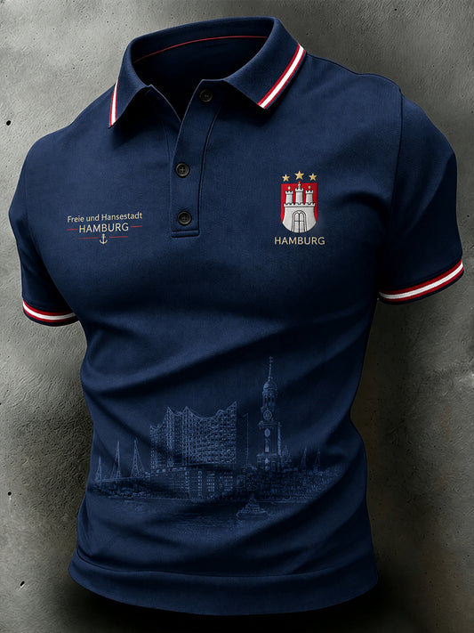 Herren-Poloshirt mit kurzen Ärmeln und Vintage-Print im Stil eines Städte-Souvenirs
