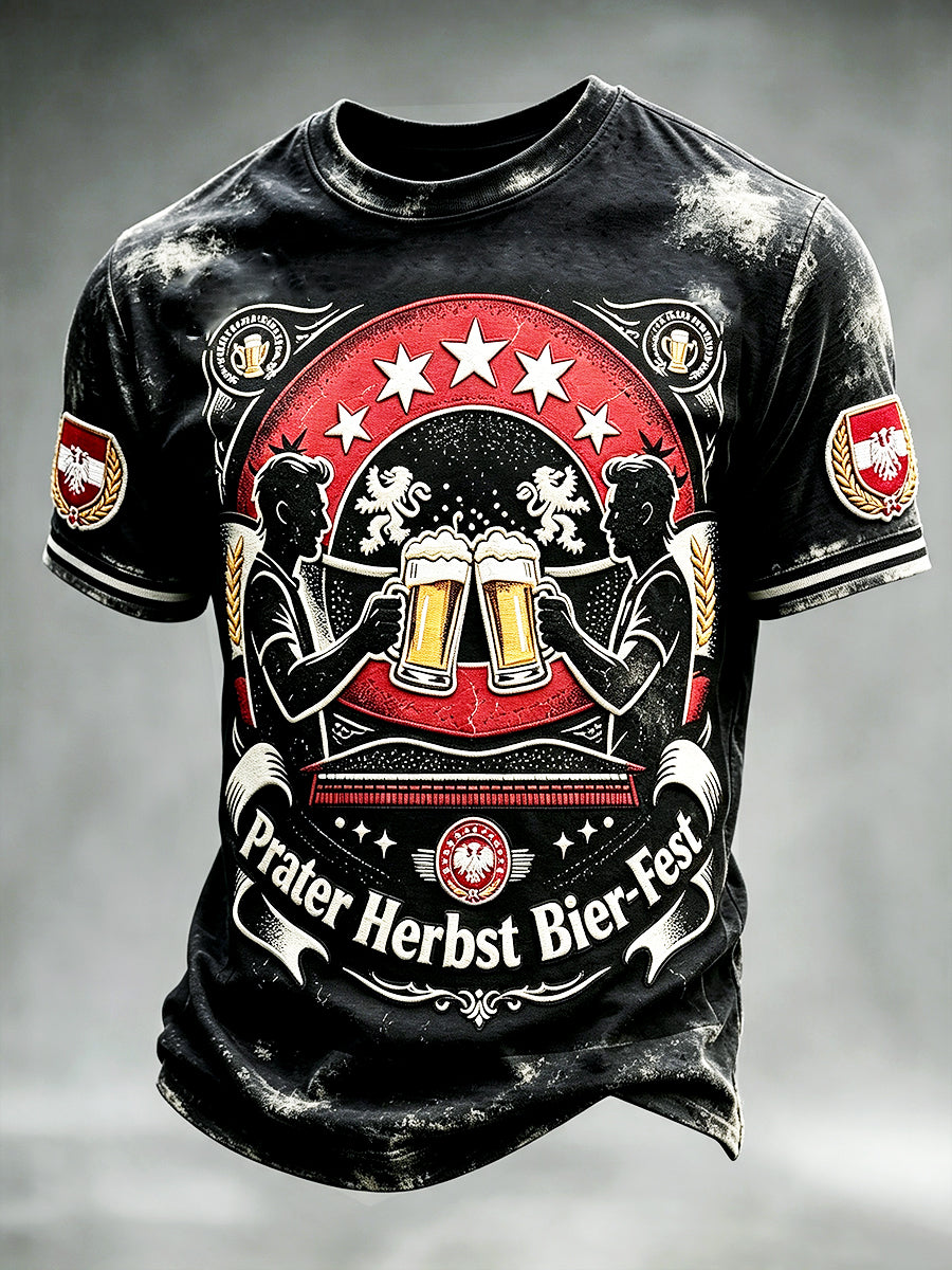Herren Retro Schwarz Österreich isches Wien Oktoberfest Patchwork Print Freizeit T-Shirt