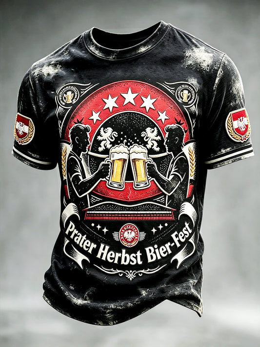 Herren Retro Schwarz Österreich isches Wien Oktoberfest Patchwork Print Freizeit T-Shirt