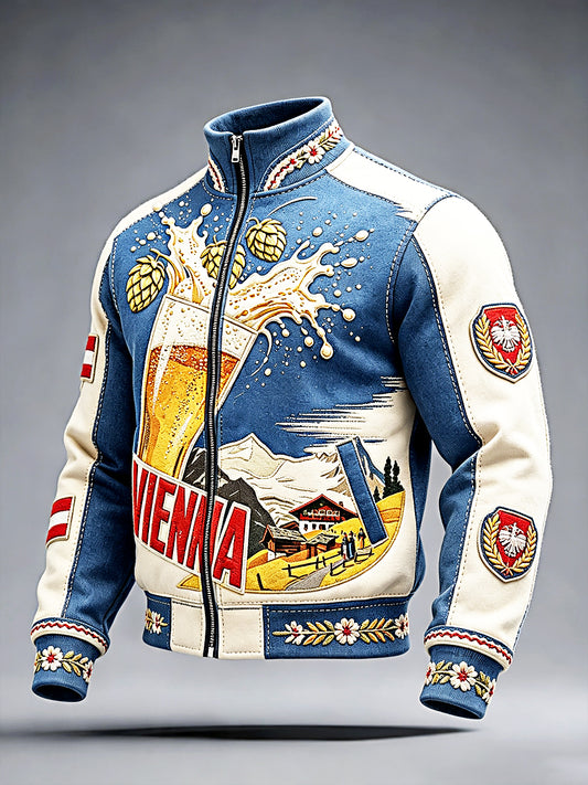 Herren Vienna Beer Festival Patchwork Print Lässige Stehkragen-Jacke mit Reiß verschluss