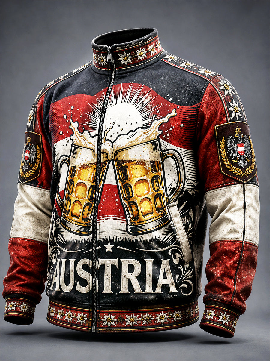 Herren Vintage Schwarz Österreich isches Wiener Oktoberfest Patchwork Print Freizeit-Kragen Reiß verschluss Jacke