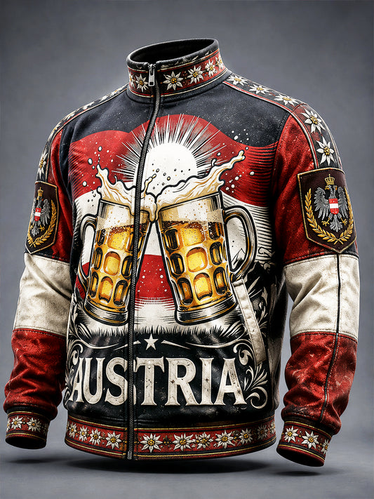 Herren Vintage Schwarz Österreich isches Wiener Oktoberfest Patchwork Print Freizeit-Kragen Reiß verschluss Jacke