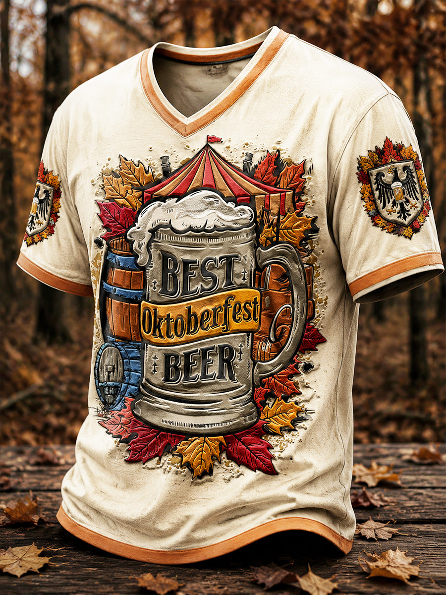 Herren-Off-White-Oktoberfest-Print lässiges Herbst-T-Shirt mit V-Ausschnitt