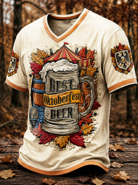 Herren-Off-White-Oktoberfest-Print lässiges Herbst-T-Shirt mit V-Ausschnitt
