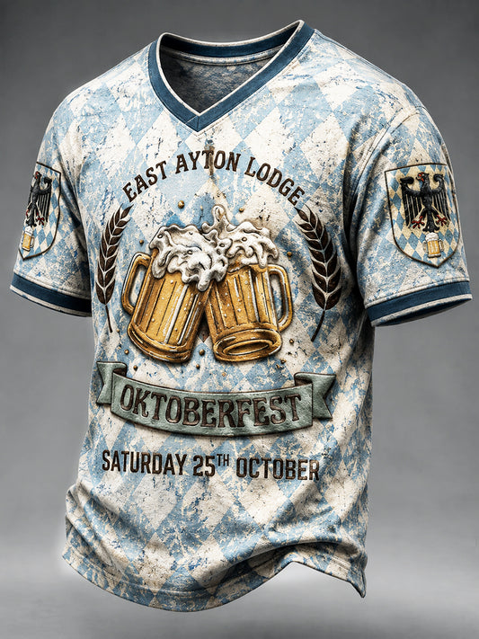 Herren-Oktoberfest-T-Shirt im bayerischen Hahnentrittmuster, lässig mit V-Ausschnitt