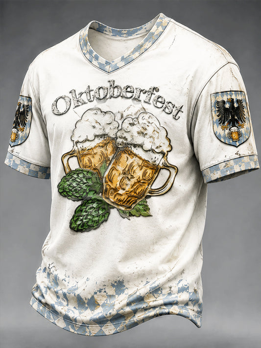 Herren-Retro-T-Shirt in Weiß mit Oktoberfest-Print, lässig, für den Herbst, mit V-Ausschnitt