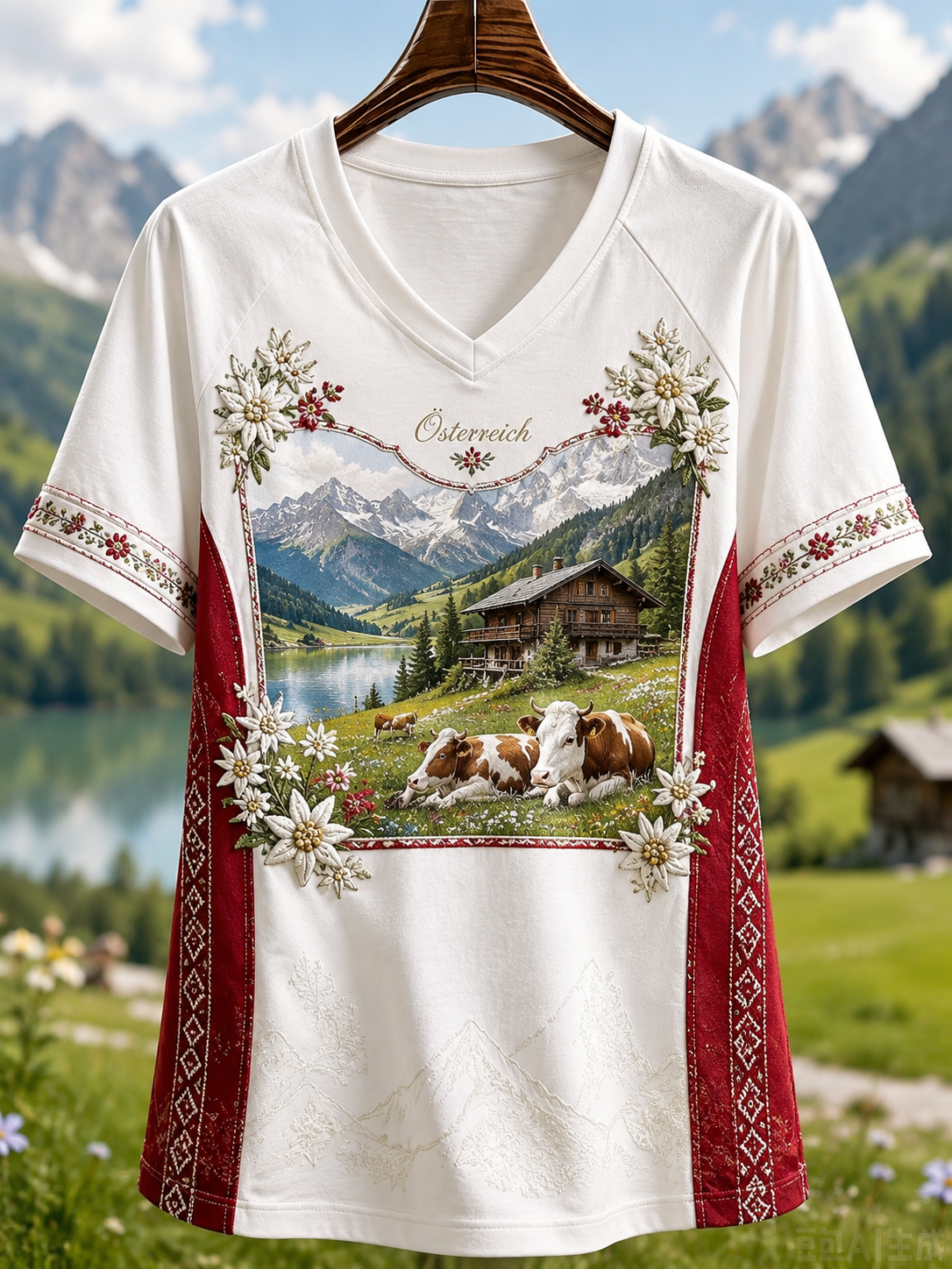 Damen-T-Shirt im österreichischen Landhausstil mit V-Ausschnitt und schulterfreiem, kurzärmeligem Design