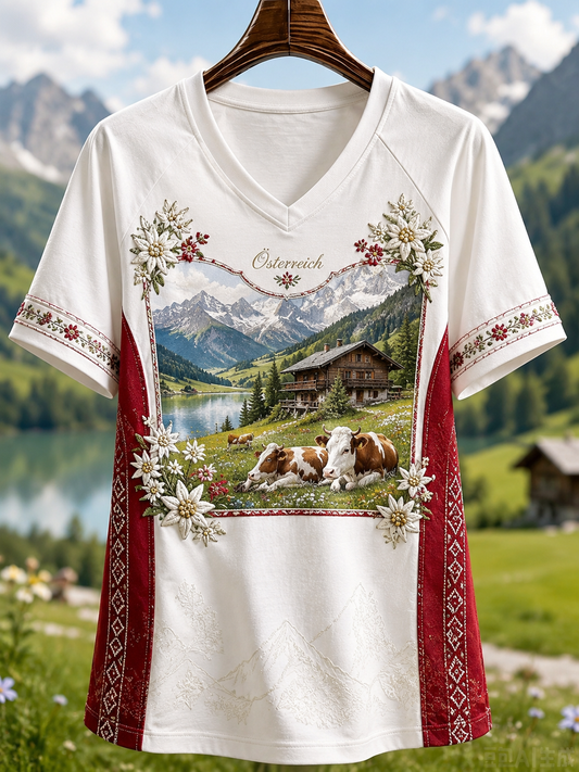 Damen-T-Shirt im österreichischen Landhausstil mit V-Ausschnitt und schulterfreiem, kurzärmeligem Design