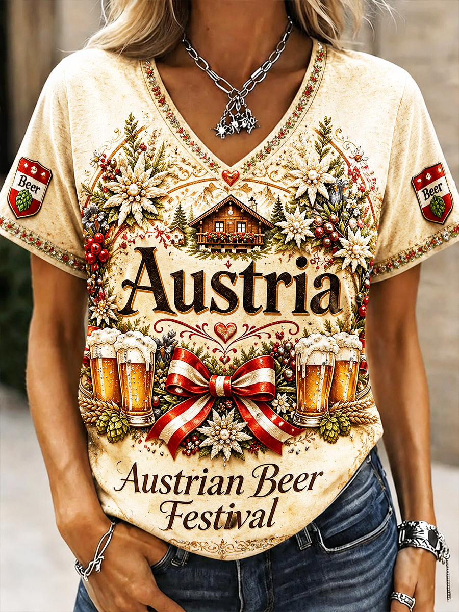Damen-Oktoberfest-T-Shirt im österreichischen Stil mit Blumenmuster und lässigem V-Ausschnitt