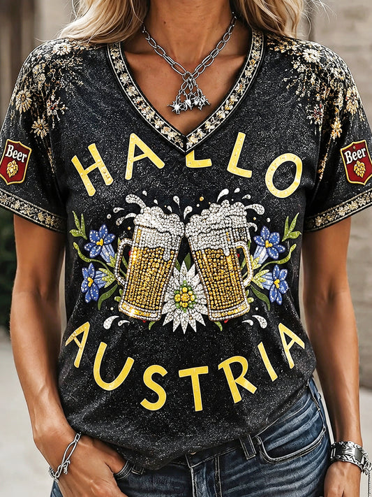 Damen‑Oktoberfest‑T‑Shirt aus Österreich mit Strassverzierung und V‑Ausschnitt, lässig geschnitten