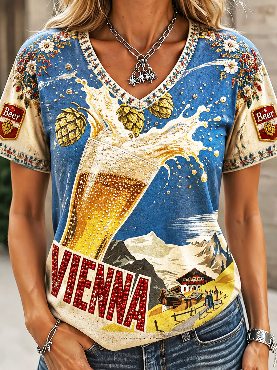 Damen-Oktoberfest-T-Shirt aus Österreich mit lässigem V-Ausschnitt und Print