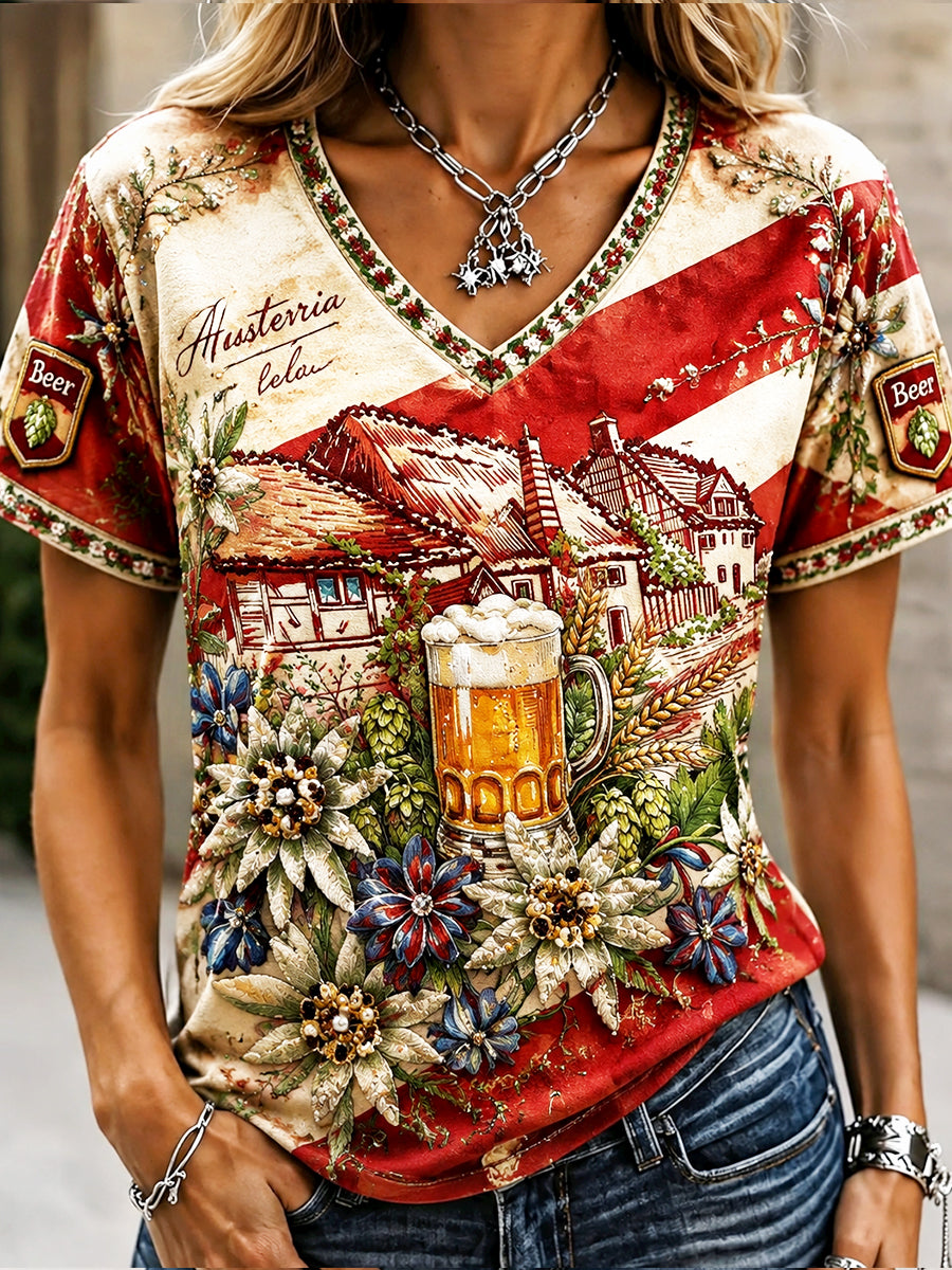 Damen-Oktoberfest-T-Shirt in österreichischem Stil mit floralem Patchwork-Print und lässigem V-Ausschnitt