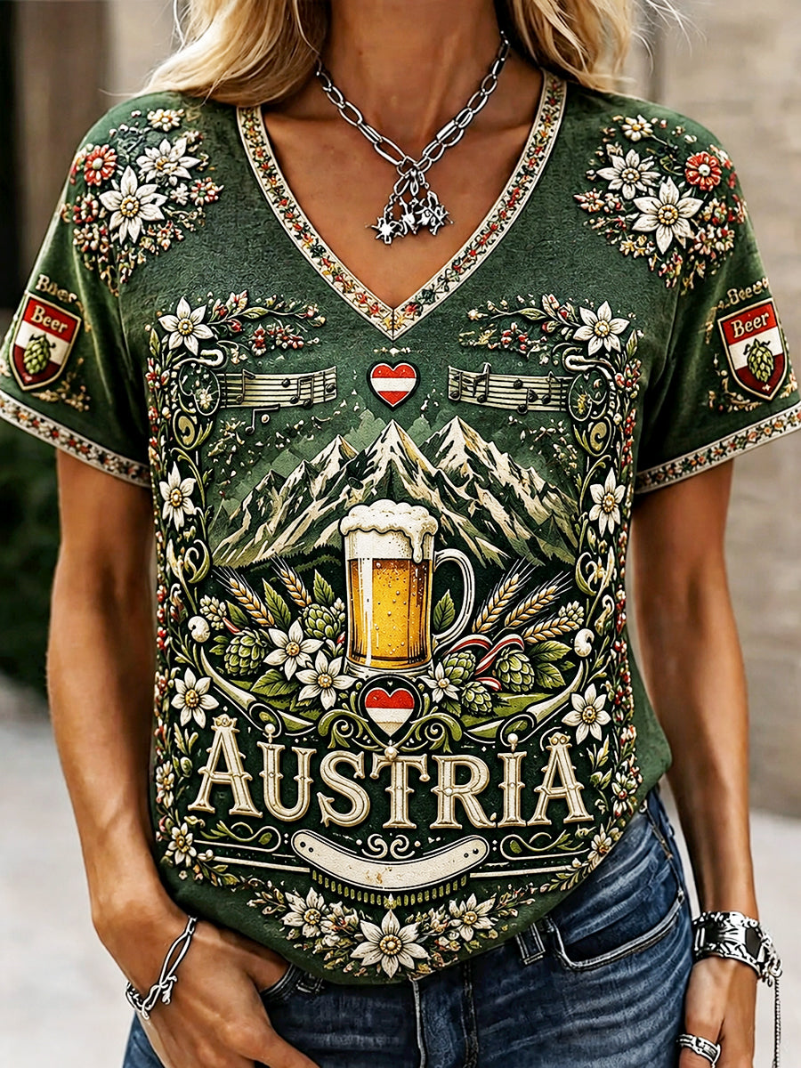 Damen-Grün österreichisches Oktoberfest Blumenmuster lässiges V-Ausschnitt-T-Shirt