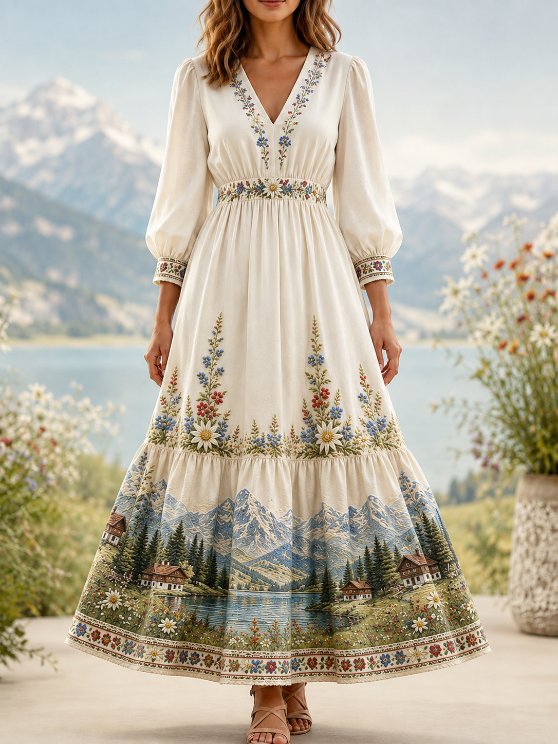 Damenkleid im österreichischen Landhausstil, retro, lässig, aus Baumwolle und Leinen