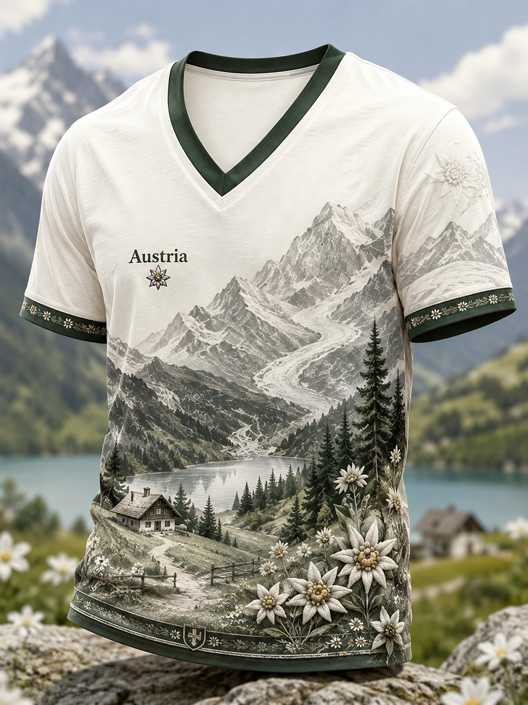 Herren-T-Shirt mit V-Ausschnitt im österreichischen Landhausstil