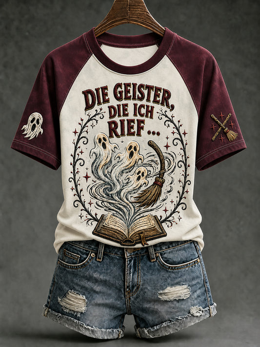 Damen-T-Shirt mit Halloween-Print „DIE GEISTER, DIE ICH RIEF“