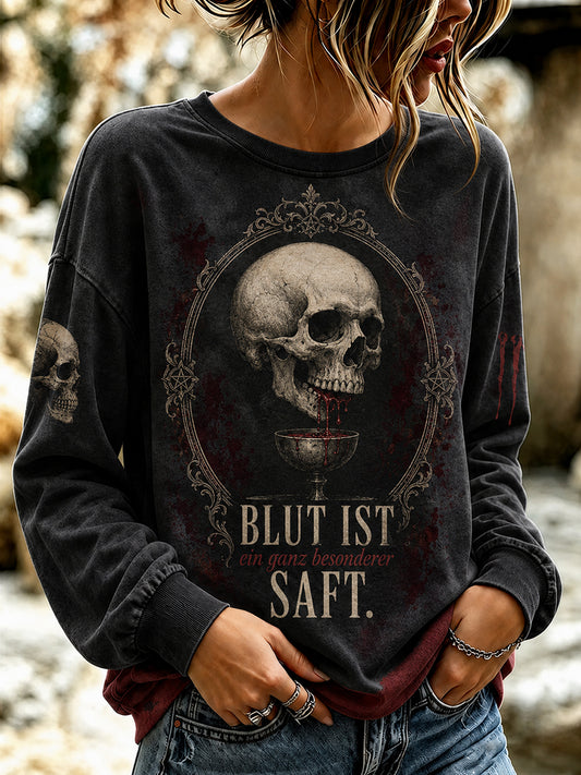 Damen-Sweatshirt mit Halloween-Print „BLUT IST EIN GANZ BESONDRER SAFT“