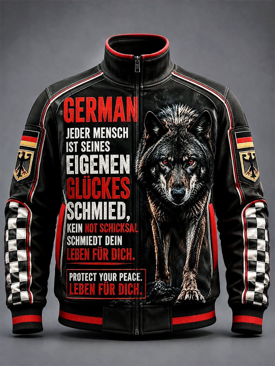 Herren-Jacke im deutschen Wolf-Print, lässig und cool, mit Stehkragen und Reißverschluss