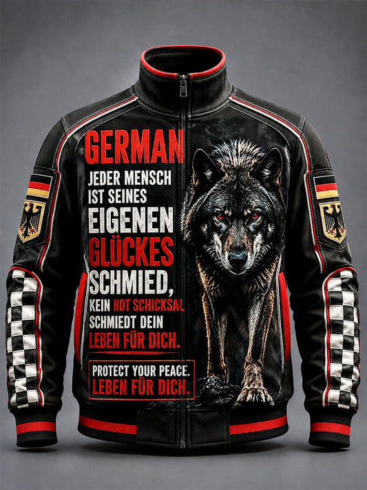 Herren-Jacke im deutschen Wolf-Print, lässig und cool, mit Stehkragen und Reißverschluss