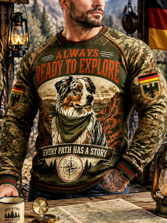 Herren-Retro-Camouflage-T-Shirt im Patchwork-Style mit Deutschem Schäferhund-Print, lässig, langärmlig