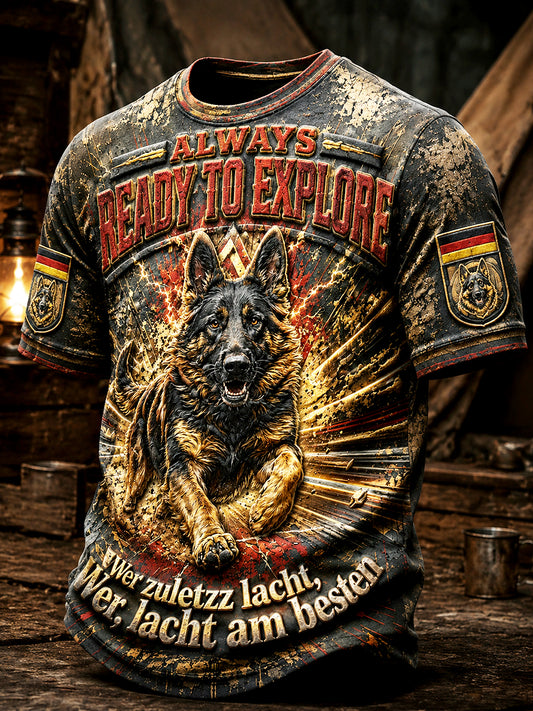 Herren-Casual-T-Shirt mit Tarnmuster und Deutschem Schäferhund-Print