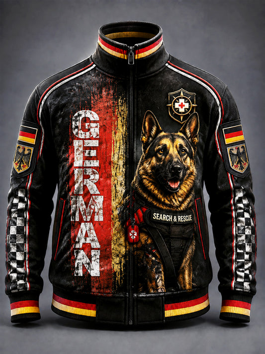 Herren-Jacke mit Deutscher-Schäferhund-Print, lässig und stilvoll, Stehkragen und Reißverschluss