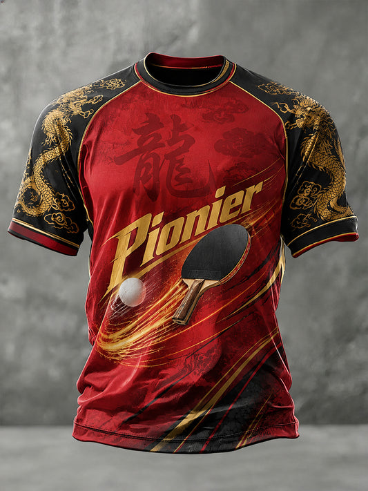 Herren-Raglan-T-Shirt mit kurzen Ärmeln und Tischtennis-Motiv-Print