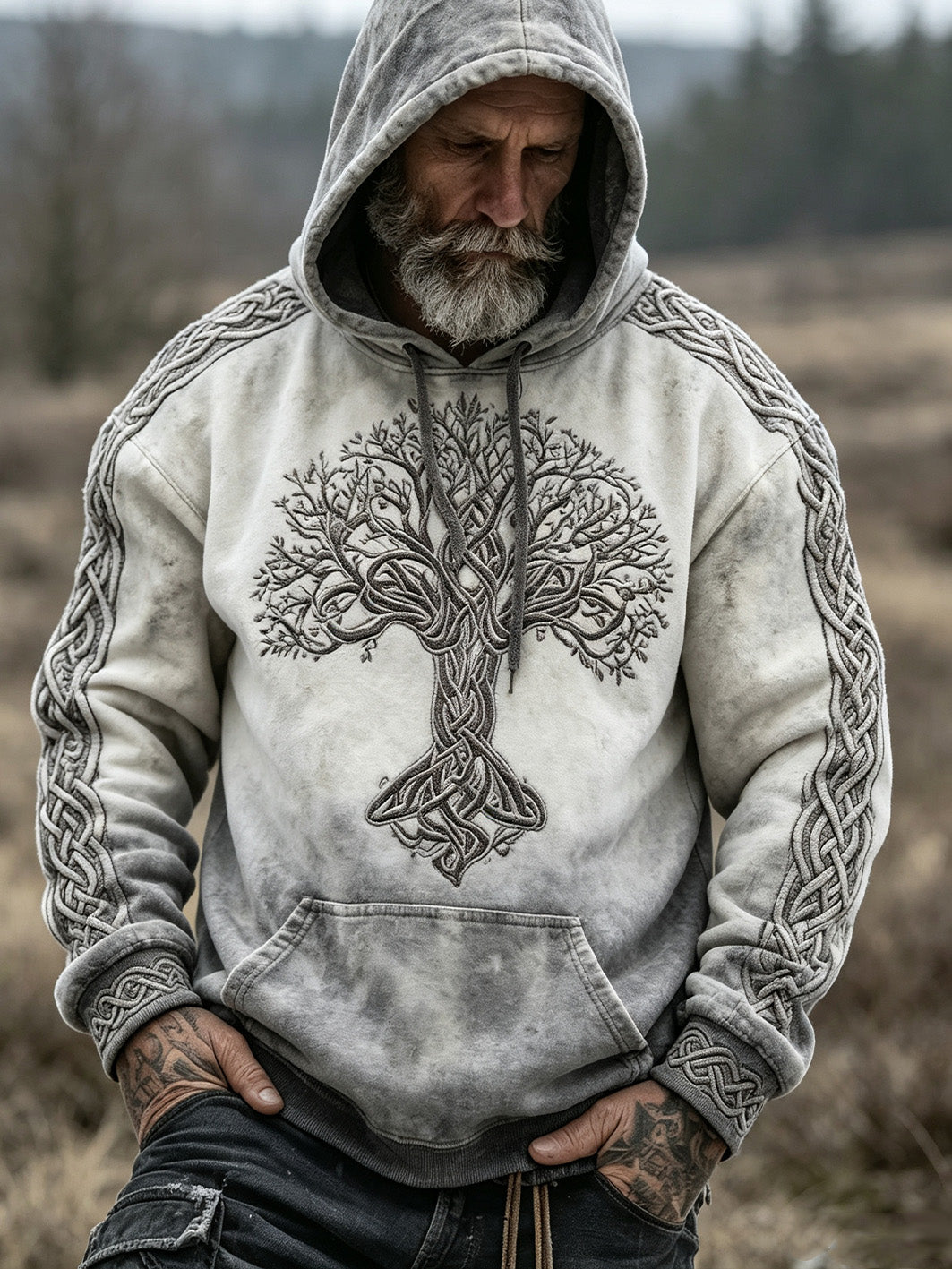 Herren-Kapuzenpullover im Retro-Stil mit aufgedrucktem Wikinger-Lebensbaum-Motiv