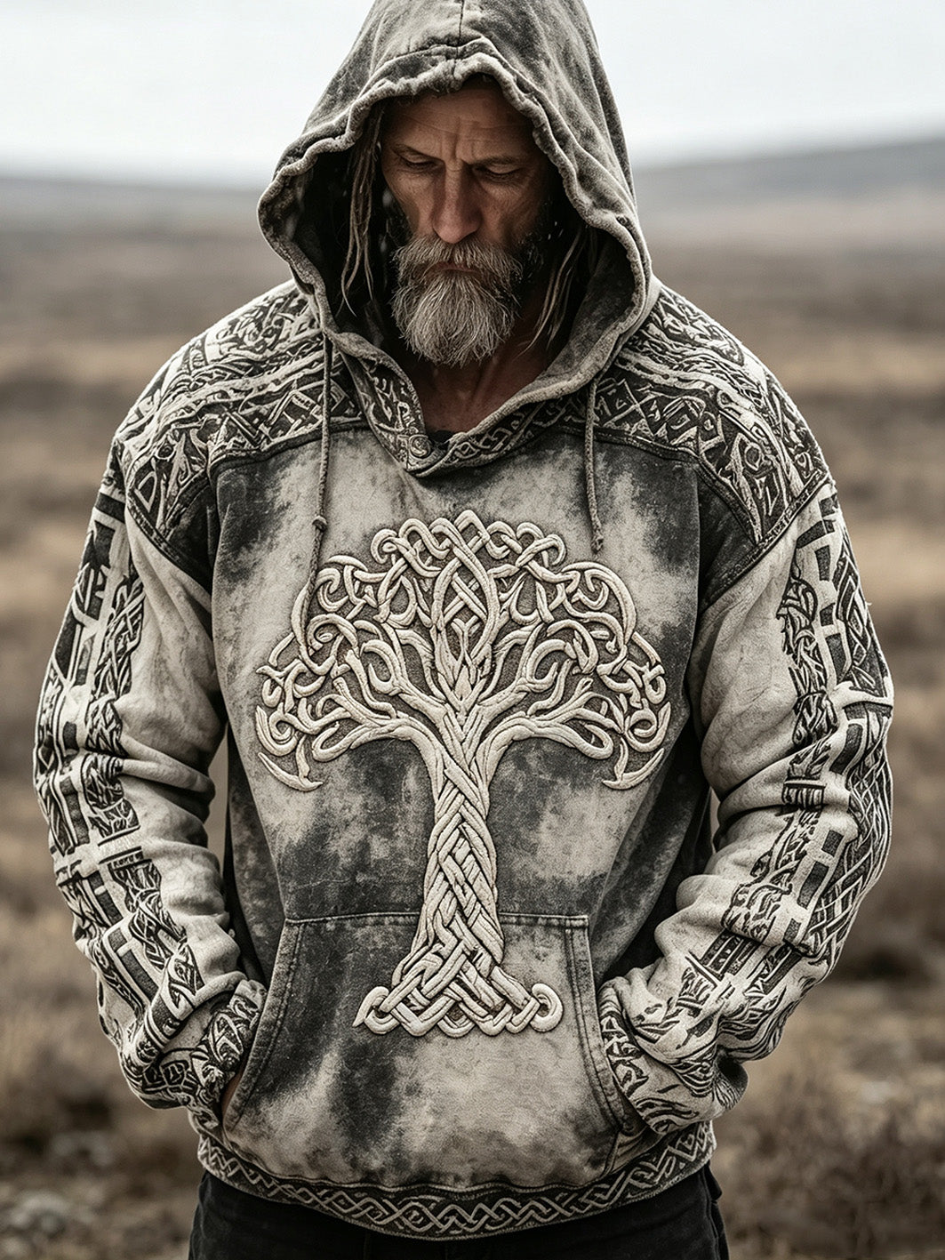 Herren Retro Viking Life Baum Muster gedruckt Casual Hoodie