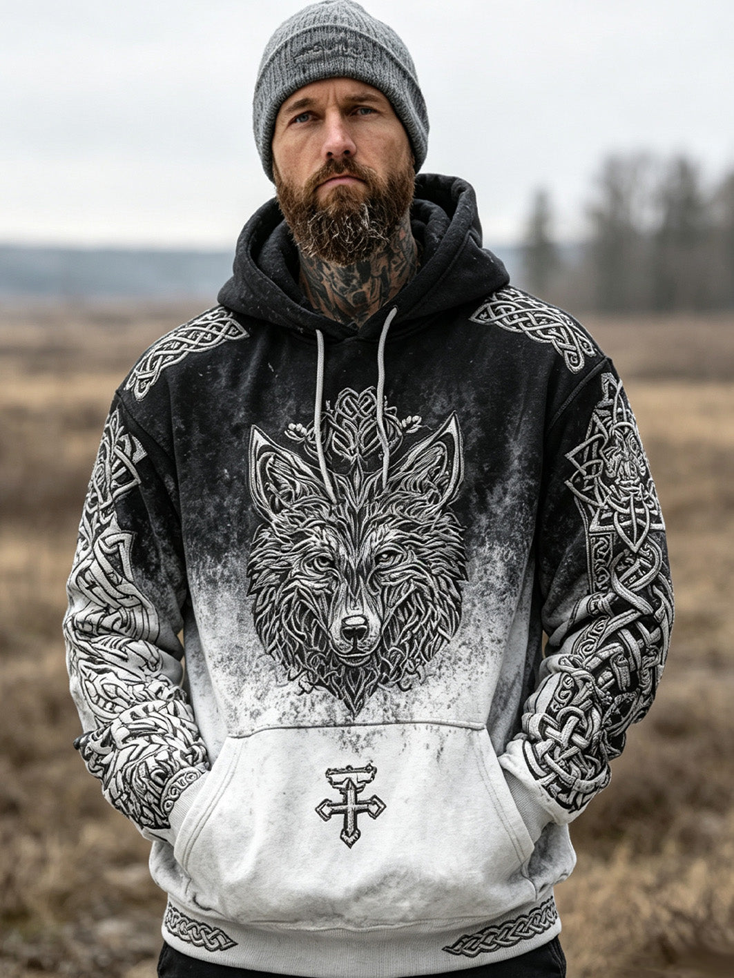 Herren Retro Viking Wolfskopf Muster gedruckt Casual Hoodie