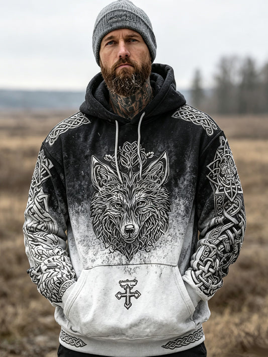 Herren Retro Viking Wolfskopf Muster gedruckt Casual Hoodie