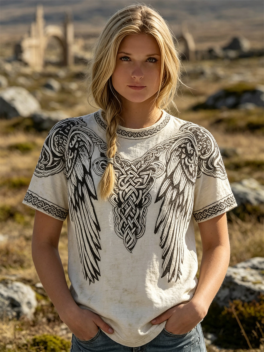 Damen-Vintage-T-Shirt mit Flügeln, Wikinger- und Keltenknoten-Print, kurze Ärmel
