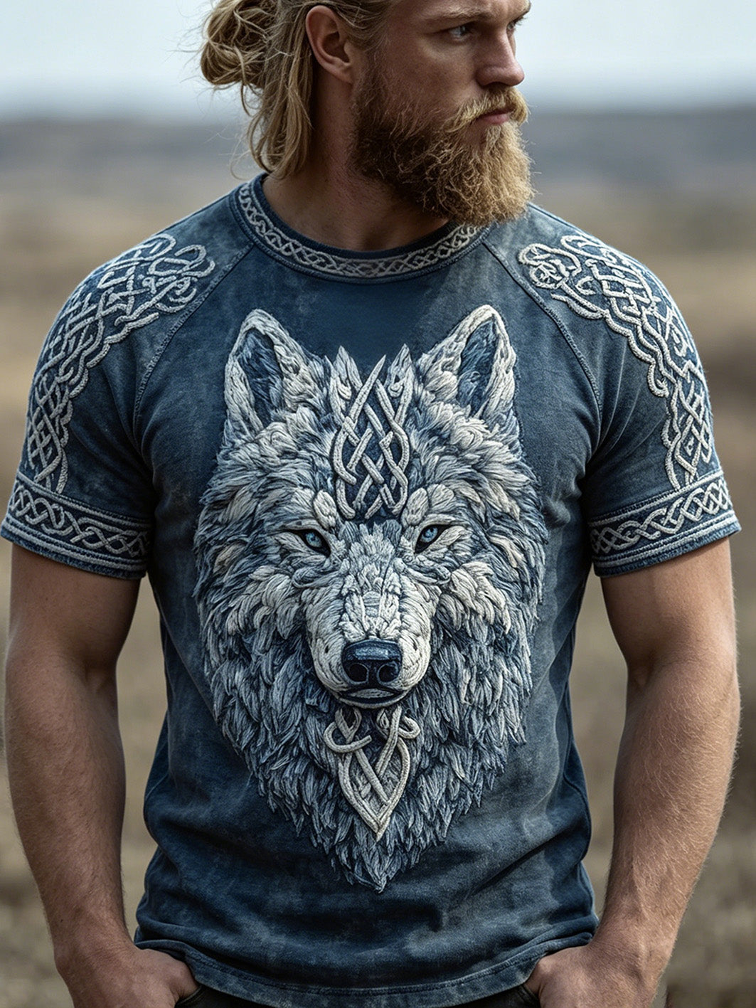 Herren Retro Viking Wolfskopf Muster gedruckt lässig kurz ärmel iges T-Shirt