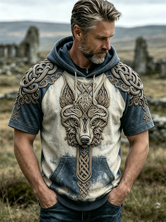 Herren Retro Viking Wolfskopf Muster gedruckt lässig Kurzarm Hoodie