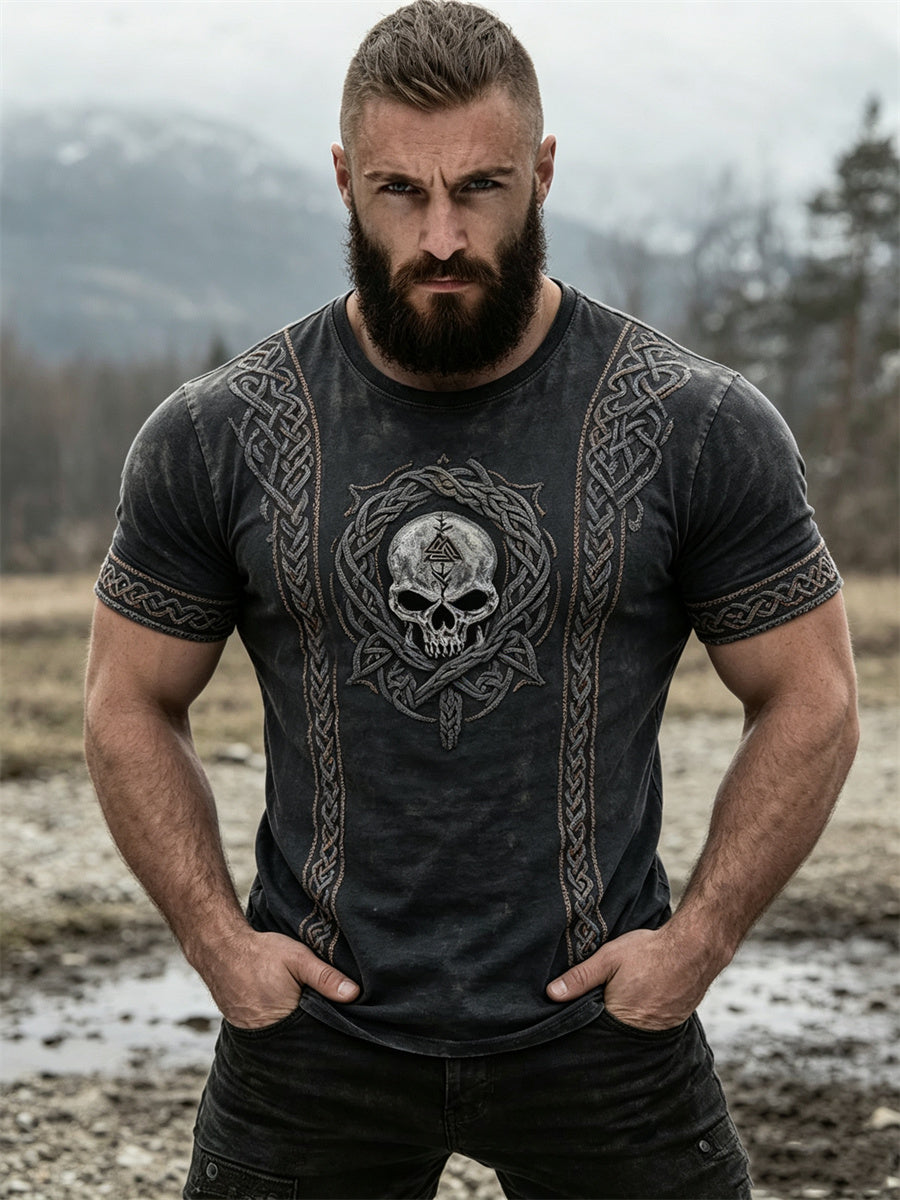 T-Shirt Vintage Viking Totenkopf mit keltischem Knoten bedruck, kurze Ärmel