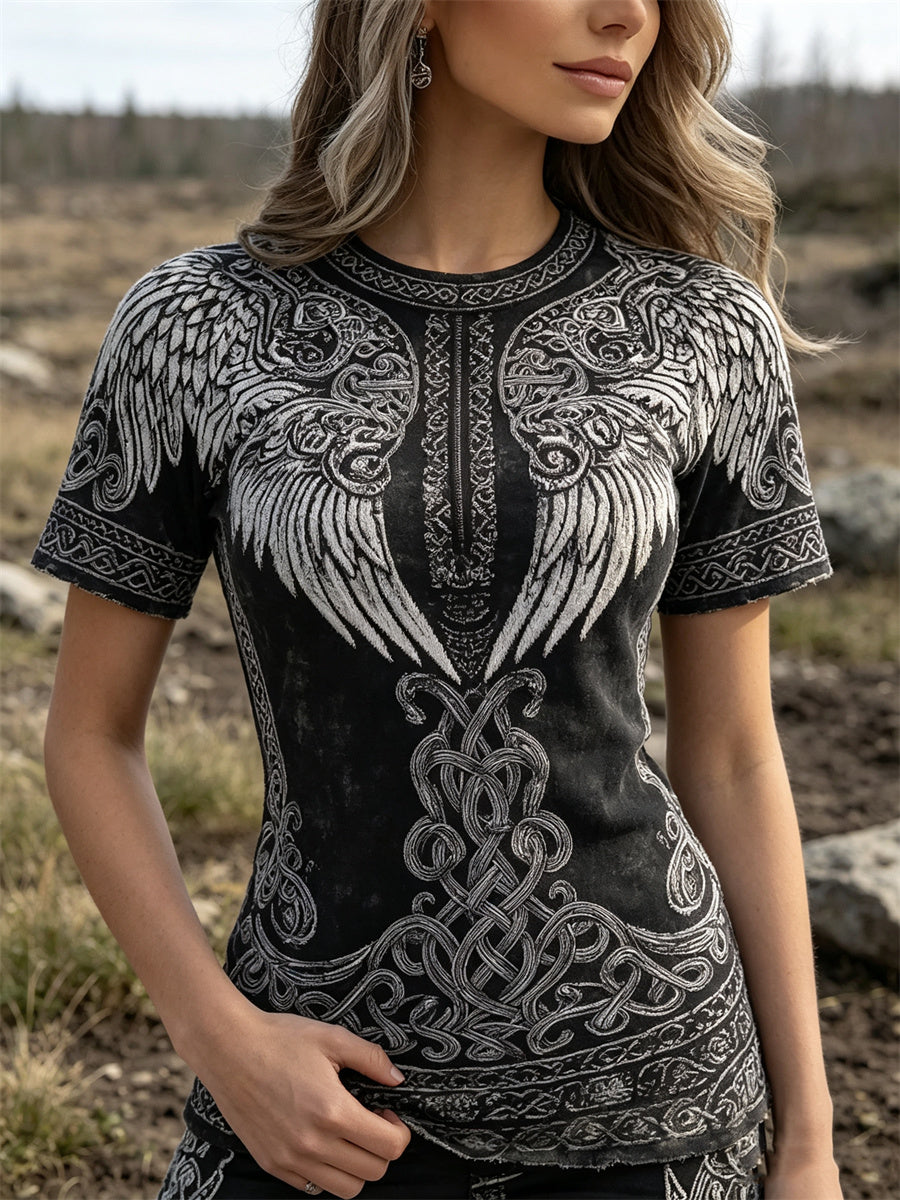 Damen-Vintage-T-Shirt mit Flügeln, Wikinger- und Keltenknoten-Print, kurze Ärmel