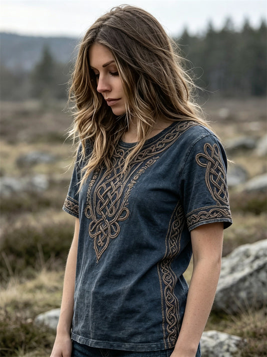 Damen-Vintage-T-Shirt mit keltischem Wikingerknoten-Print und kurzen Ärmeln