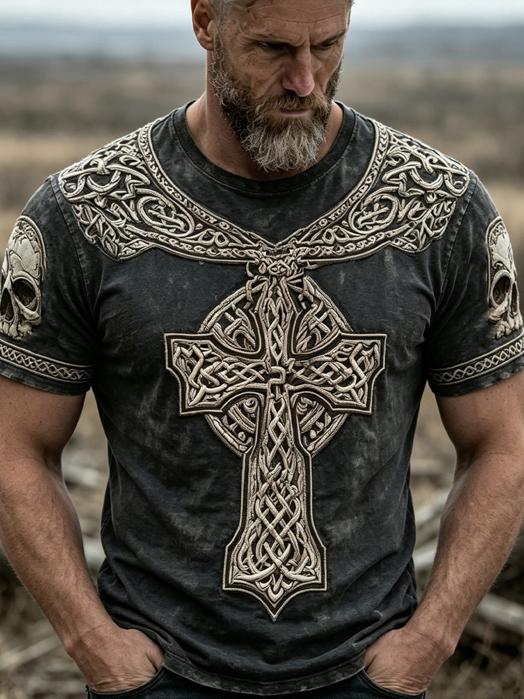 Herren-Casual-T-Shirt mit Retro-Druck im Wikinger-Keltischen-Knotenmuster und kurzen Ärmeln