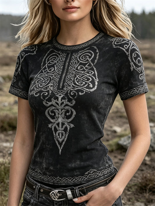 Kurzarm-T-Shirt mit keltischem Knit-Print für Damen