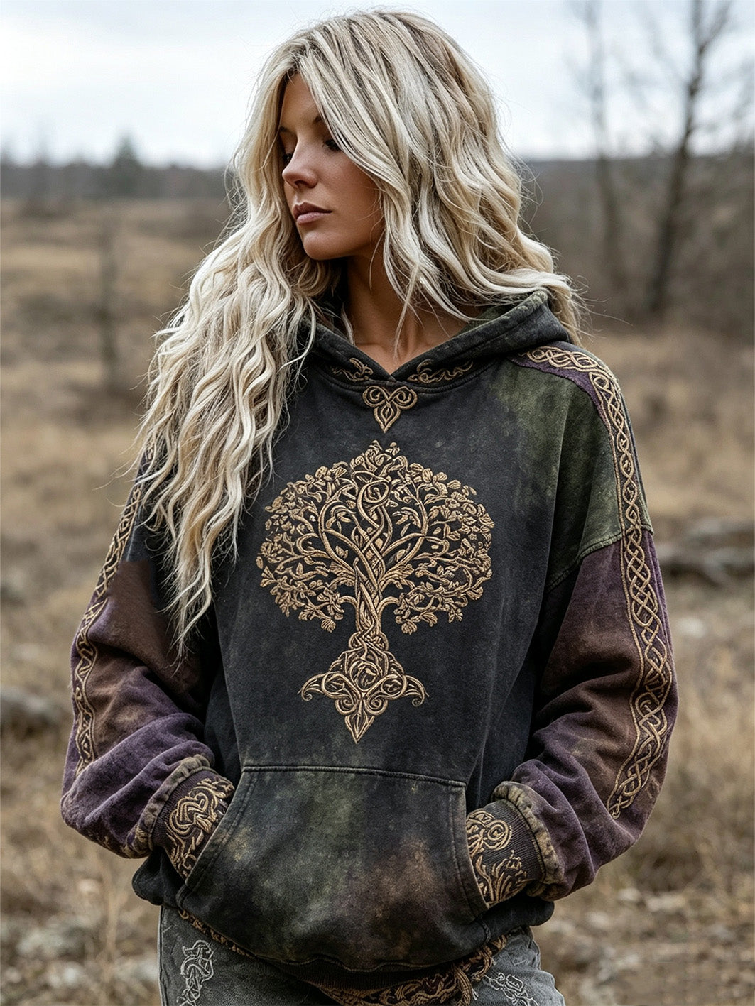 Damen-Kapuzenpullover im Retro-Stil mit aufgedrucktem Wikinger-Lebensbaum-Muster