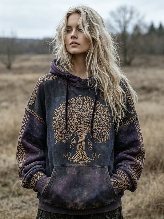 Damen-Kapuzenpullover im Retro-Stil mit aufgedrucktem Wikinger-Lebensbaum-Muster