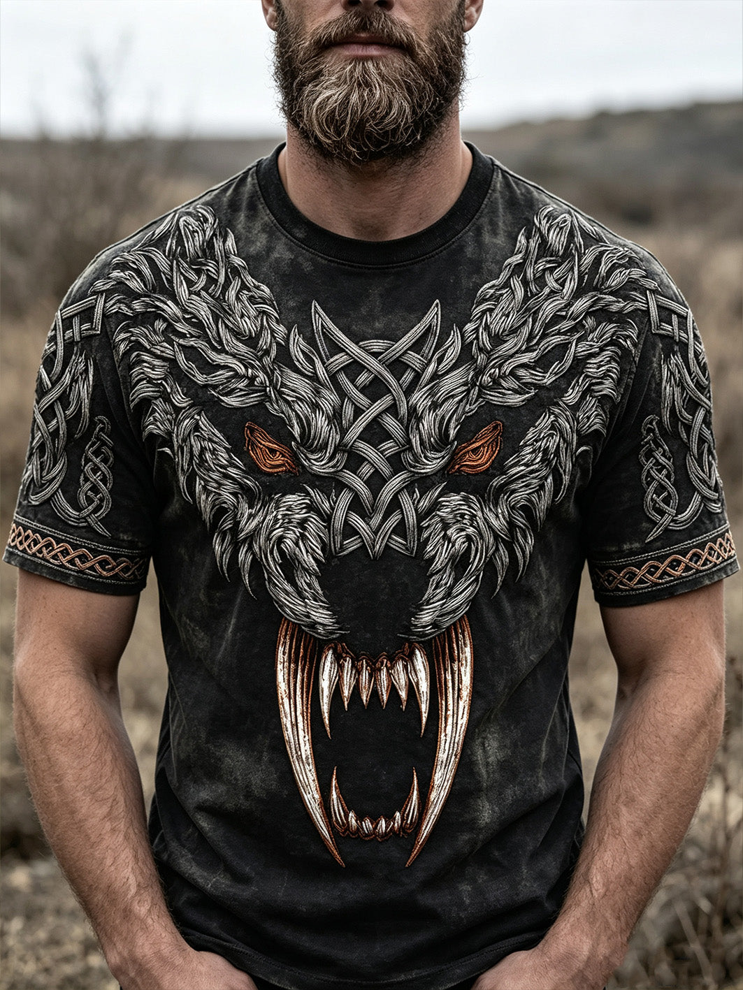 Herren-Retro-Viking-T-Shirt mit Wolfskopf-Muster, lässig, kurze Ärmel