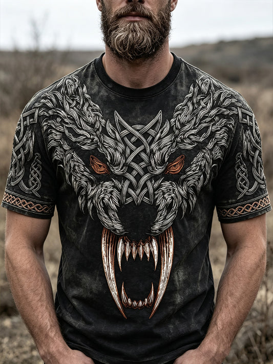 Herren-Retro-Viking-T-Shirt mit Wolfskopf-Muster, lässig, kurze Ärmel